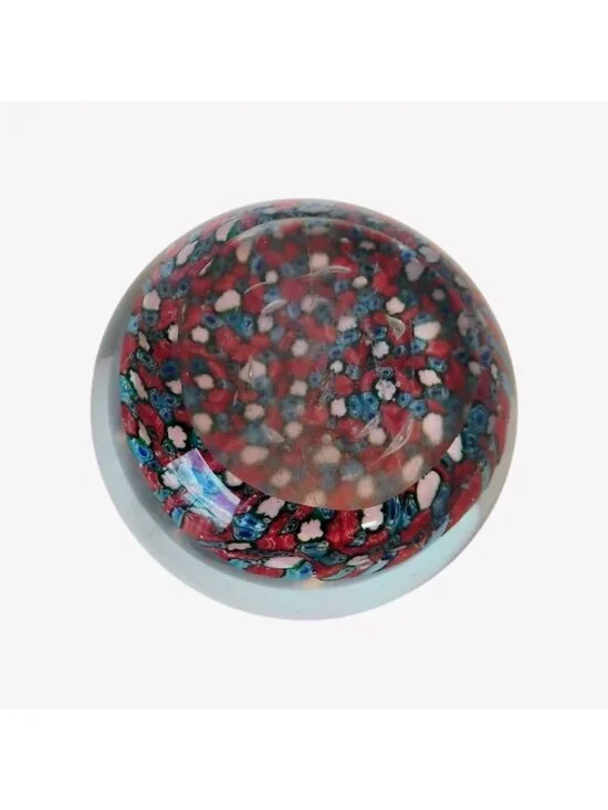 Art Glass Mouth Blown Millefiori Paperweight Red Blue White Flowers 3.5" - Picture 6 of 6